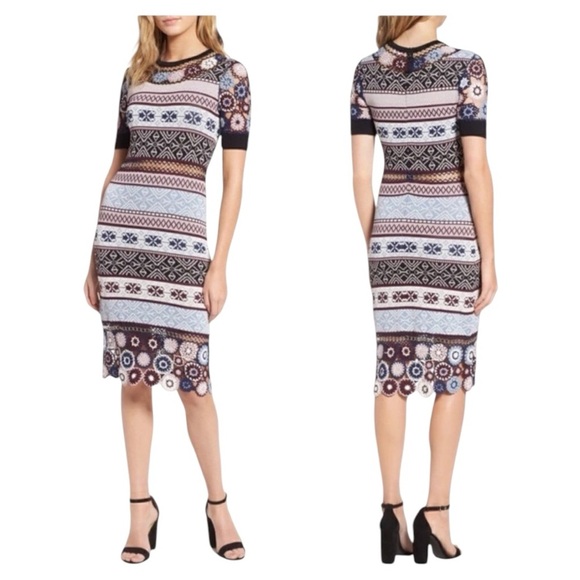 Parker Carol Crochet Flowers Bodycon Short Sleeve Knit Midi  Dress Size Small - Picture 3 of 9